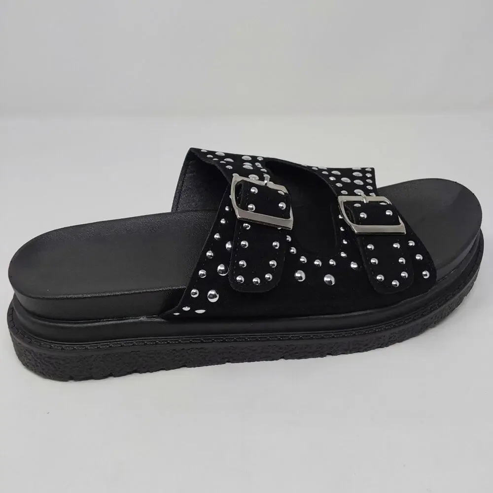 Women's Black Studded Double Buckle Platform Slide Sandals US 10.5 EU 41 New